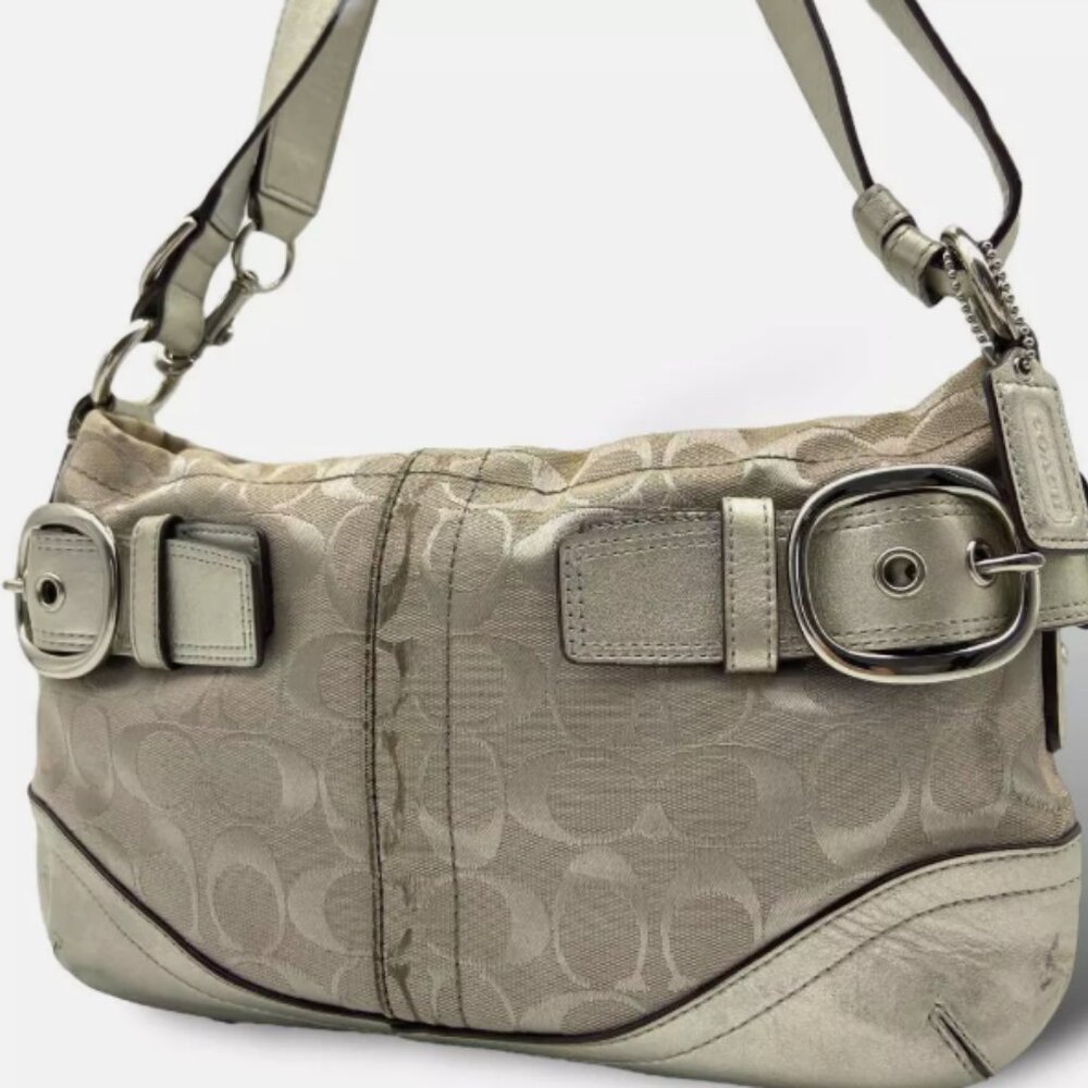 Coach Canvas Leather Shoulder Bag Auth Silver Medium